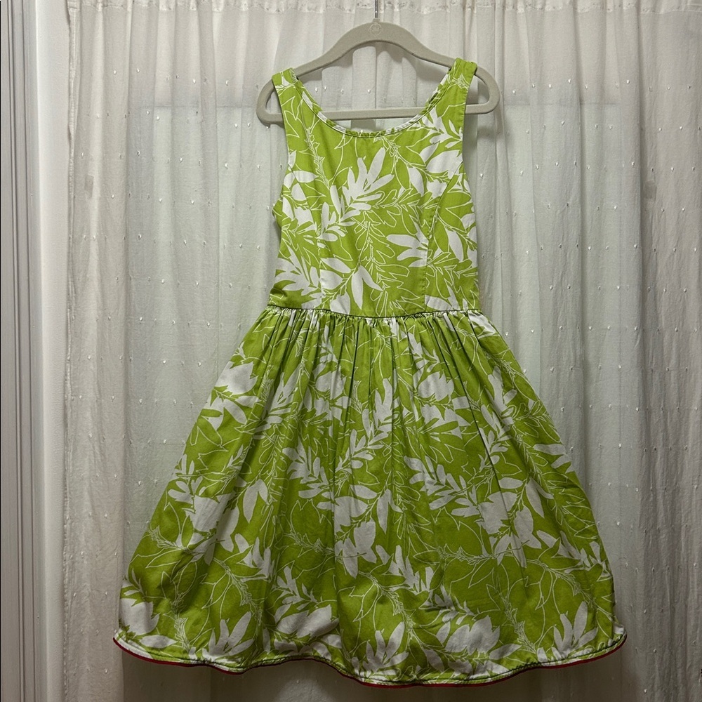 Lands End Dress Girls 7 Cotton Green/White Leaf Pattern